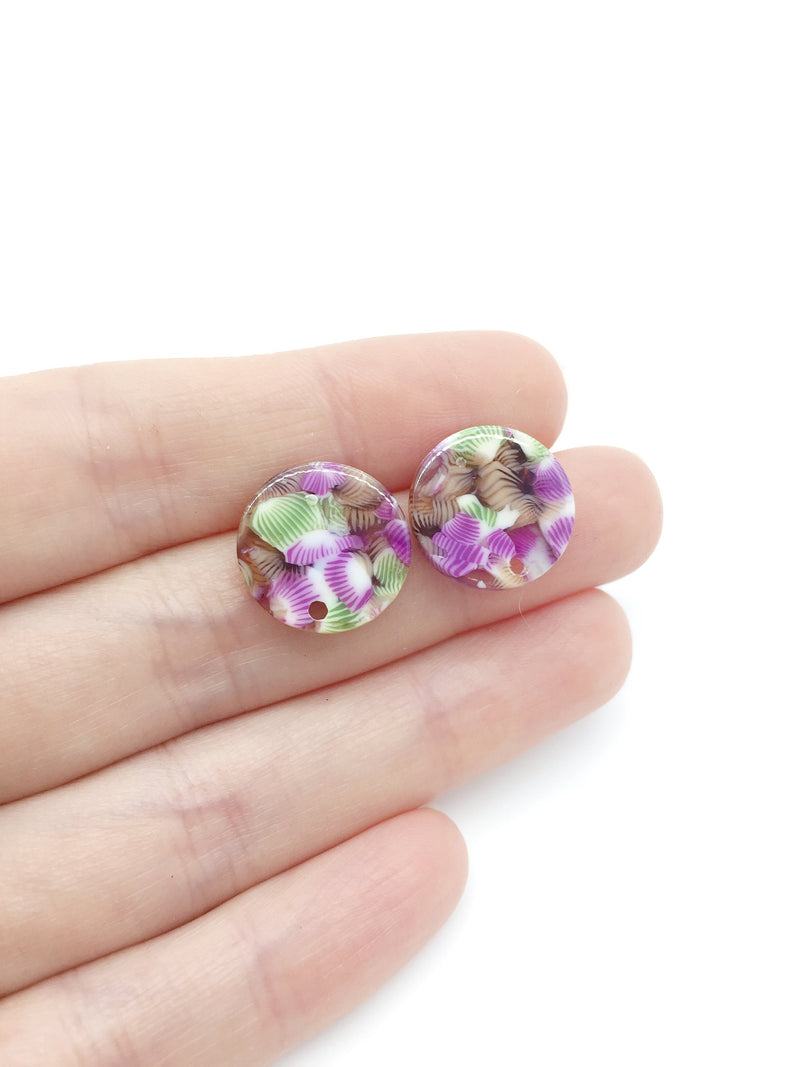 1 pair x Round Resin Earring Studs, 15mm Green and Purple Geometric Earring Posts