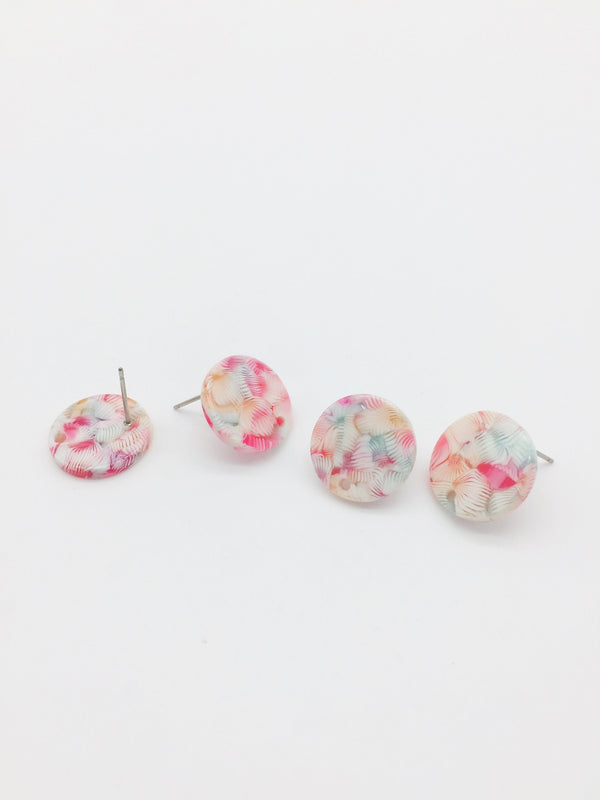 1 pair x Round Resin Earring Studs, Pink Floral Pattern Earring Post Blanks