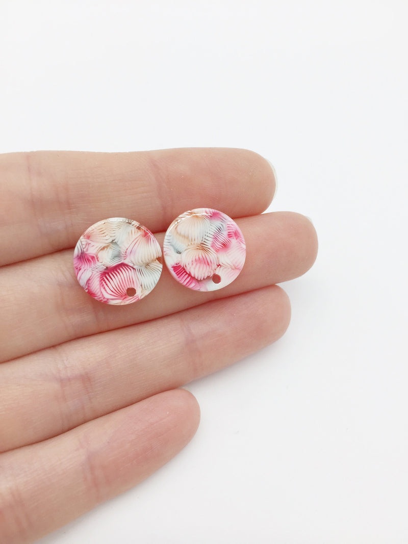 1 pair x Round Resin Earring Studs, Pink Floral Pattern Earring Post Blanks