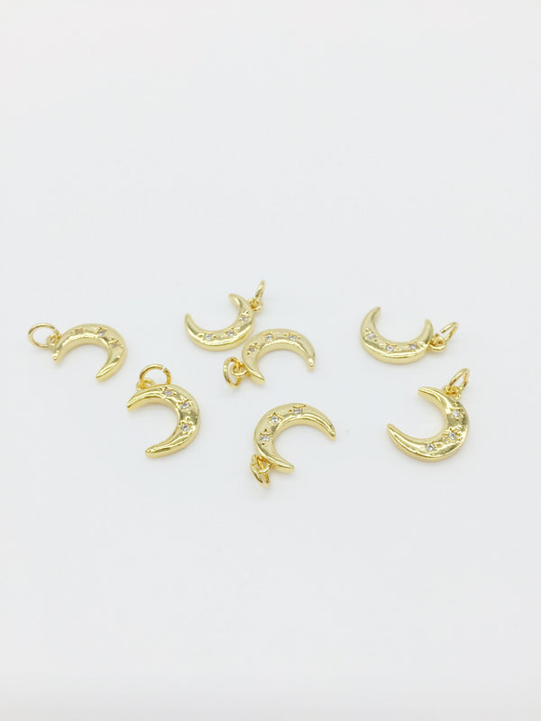 1 x 18K Gold Plated Cubic Zirconia Moon Charms, 14x10mm (2875)