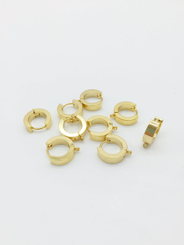 1 pair x Chunky 24K Gold Plated Stainless Steel Huggie Hoop Earring Blanks with Loop, 15x13mm (0245)