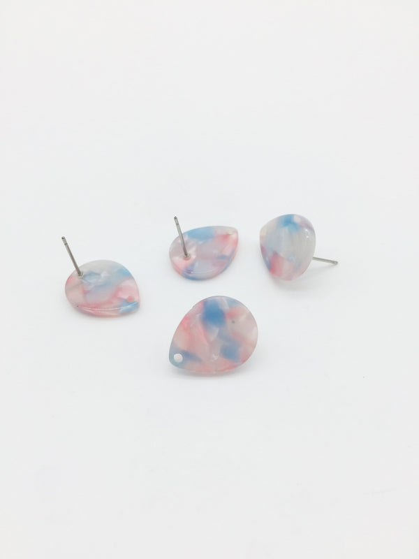 1 pair x Resin Teardrop Earring Studs, Pink and Blue Marble Effect Geometric Earring Posts