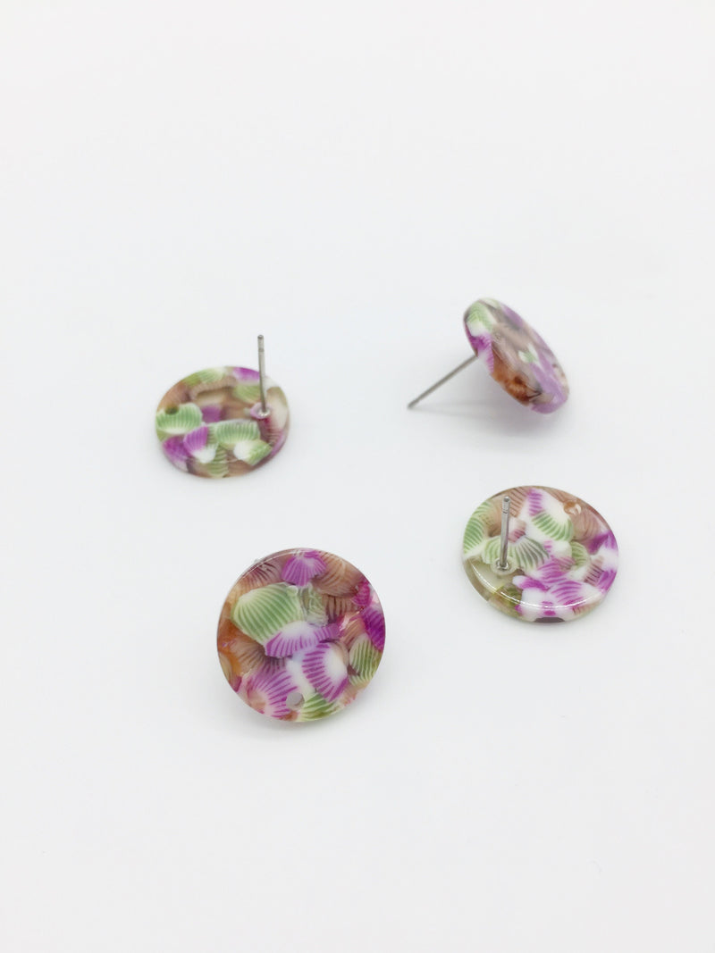 1 pair x Round Resin Earring Studs, 15mm Green and Purple Geometric Earring Posts