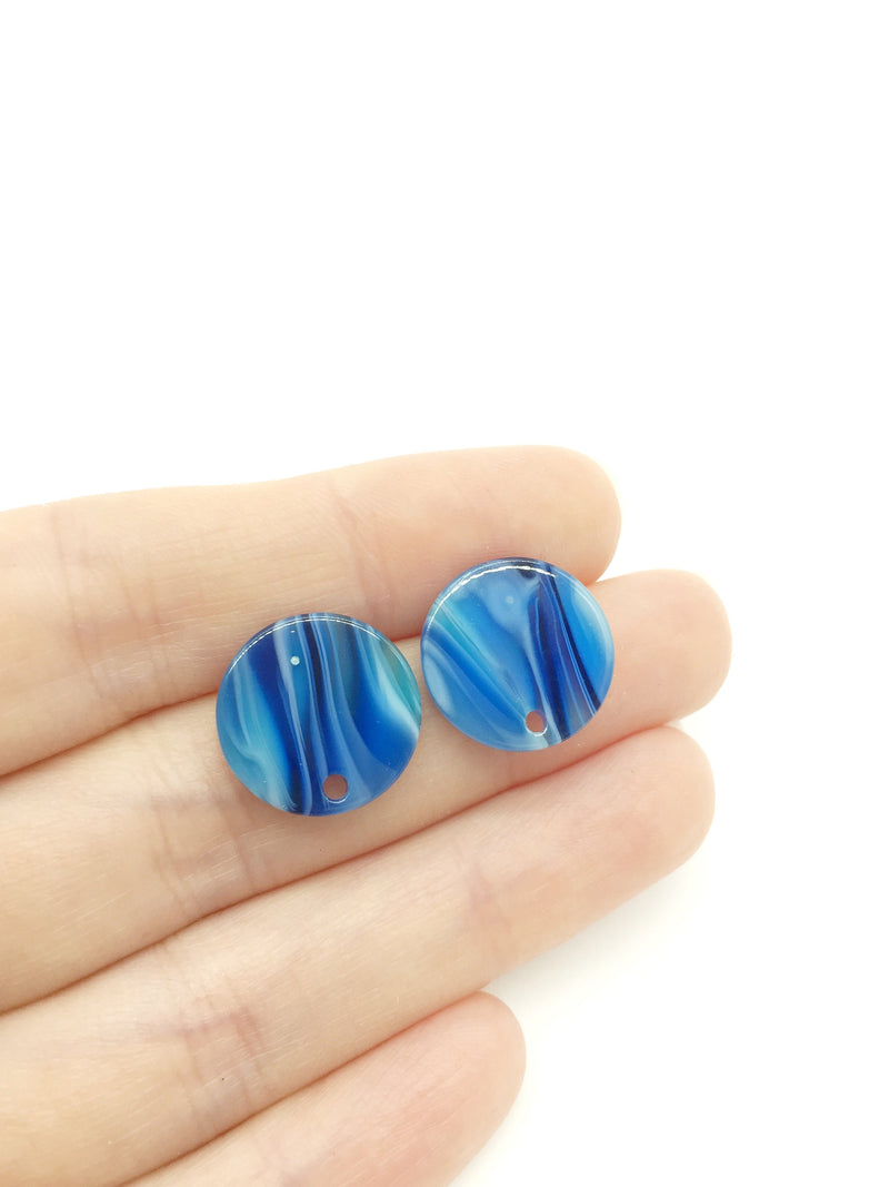 1 pair x Round Resin Earring Studs, Blue Marble Effect Geometric Earring Posts