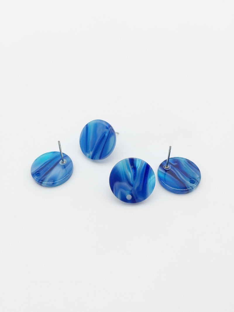 1 pair x Round Resin Earring Studs, Blue Marble Effect Geometric Earring Posts