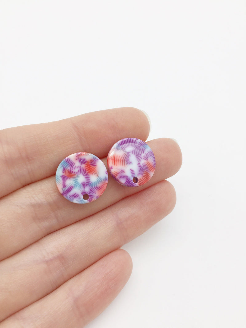 1 pair x Round Resin Earring Studs, Purple Pink and Blue Pattern Geometric Earring Posts