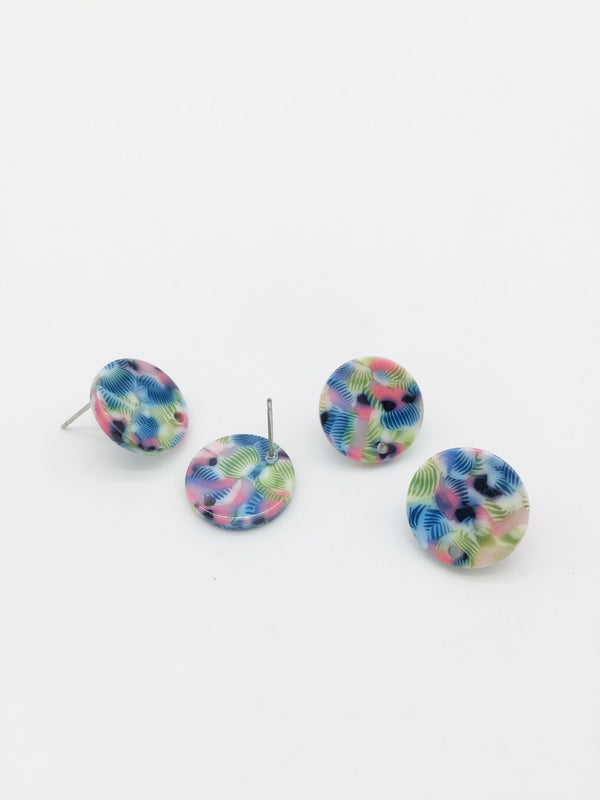 1 pairr x Round Resin Earring Studs, Green Blue and Pink Pattern Geometric Earring Posts