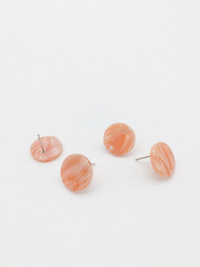 2 pairs x Round Resin Earring Studs, Salmon Pink Marble Effect Geometric Earring Posts, Earring Blanks