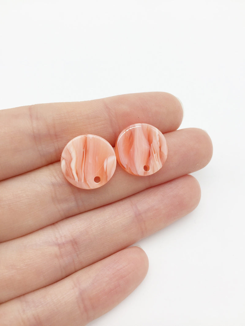 2 pairs x Round Resin Earring Studs, Salmon Pink Marble Effect Geometric Earring Posts, Earring Blanks